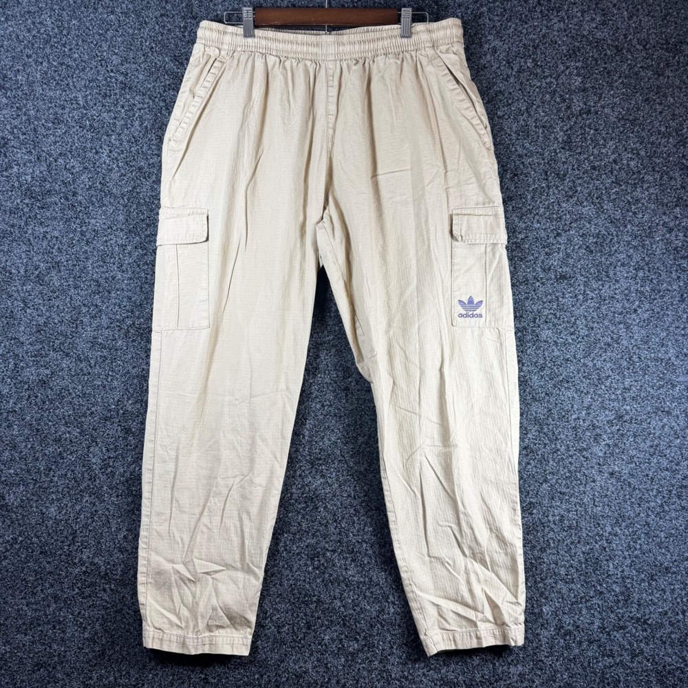Adidas Originals Mens XL Beige Ripstop Cargo Pants Trefoil Logo Elastic Waist